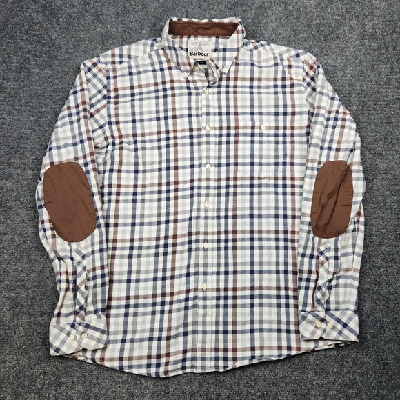Barbour Shirt Mens XL Slim Fit Blue Brown Plaid Flannel Elbow Patch Casual - Picture 1 of 9